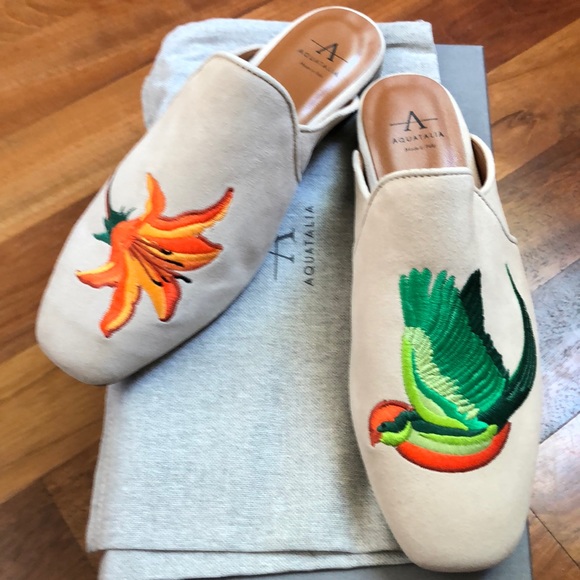 Aquatalia Rylee suede embroidery Italian flat mule - Picture 2 of 10